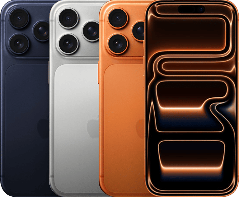 Imagem das três cores (azul, prateado e laranja) do iPhone 17 Pro e do iPhone 17 Pro Max.