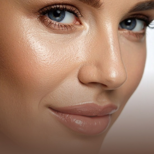 Close-up of a woman's face showing glowing skin texture and natural makeup for a skincare routine.