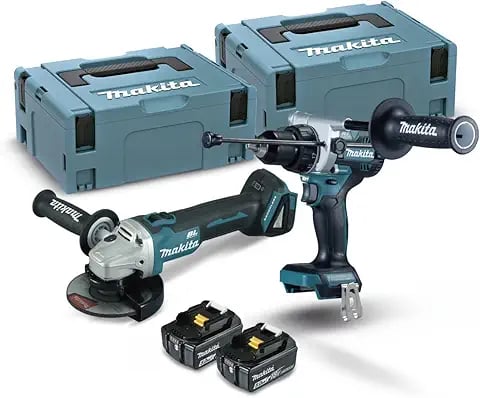Makita cordless power tool combo kit with angle grinder, hammer drill, batteries, and storage cases.