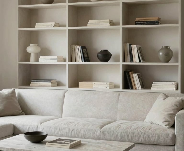 A serene and organized living room with clear surfaces, open shelving, and a palette of soft off-white and cool stone grey, evoking a sense of calm efficiency.