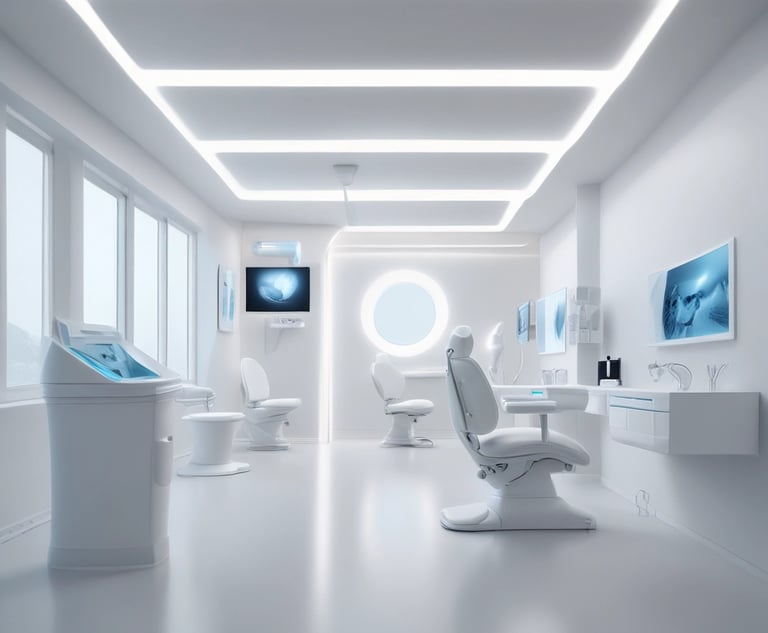 Futuristic dental clinic reception area with sleek digital interfaces and ambient lighting.