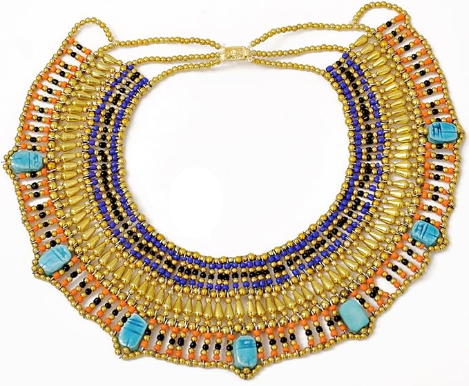 Colorful Egyptian Revival Necklace. Scarab Beads. Gold Tone