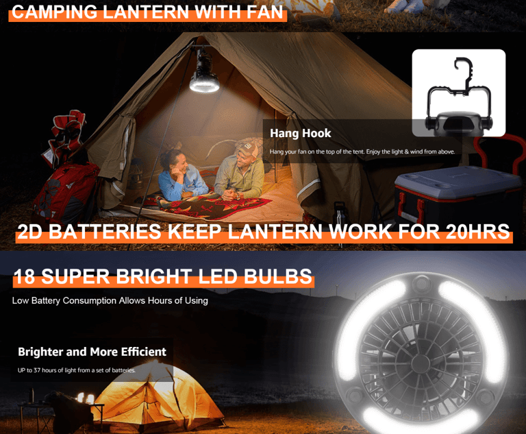 Odoland Camping Lantern with Fan providing light and cooling in a tent