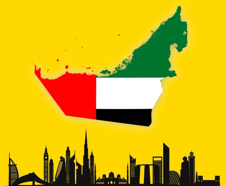 Map of UAE with national flag colors and Dubai skyline silhouette – SignageBoard.ae