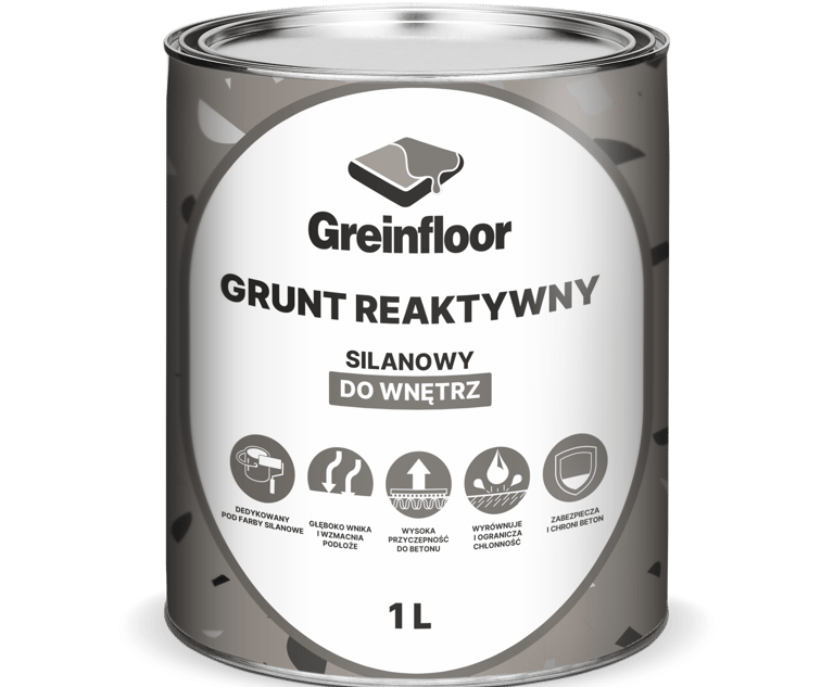 Puszka z szara etykieta produktu Greinfloor Grunt Reaktywny, silanowy do wnętrz o pojemności 1 L