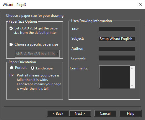 page setup wizard in xcad