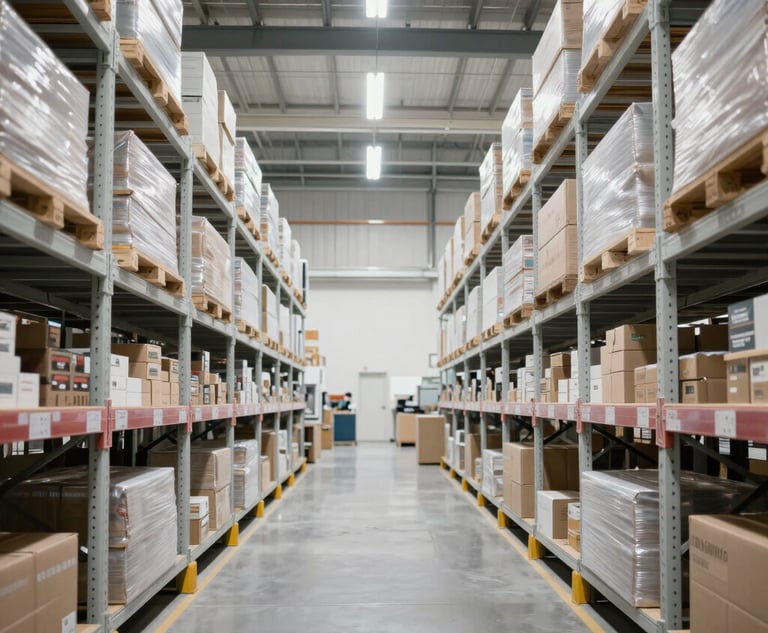An expansive interior of a clean, state-of-the-art logistics warehouse in the Middle Eastern / Gulf region, featuring organized white shelving units and bright lighting.
