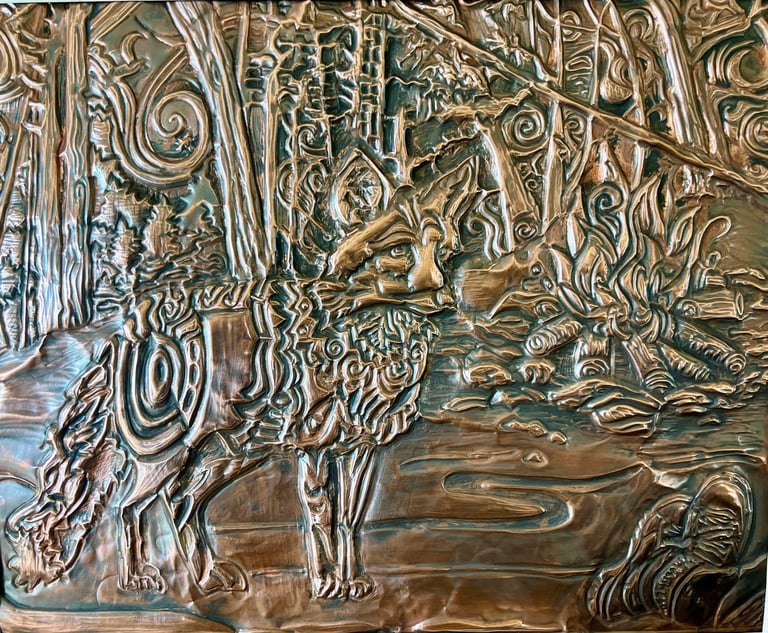 Copper Relief sculpture of stylized fox in forest near campfire