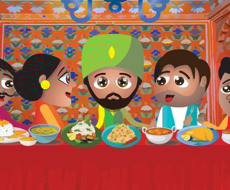 “Festive scene of characters sharing food at a decorated table — cultural children’s illustration.”