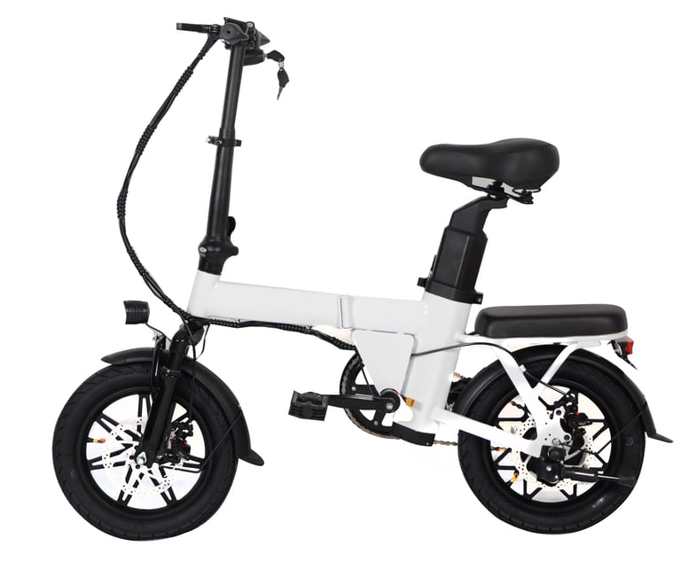 a white electric bike with a black seat