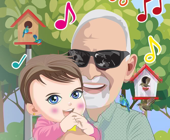 “Grandfather holding a baby with musical notes and birdhouses in a joyful children’s illustration.”