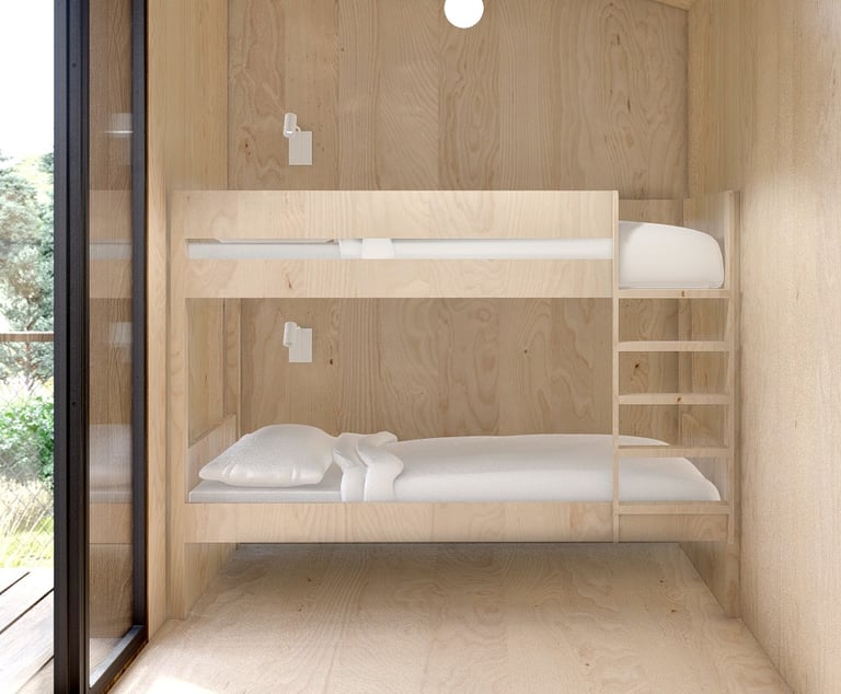 a bunk bed with a bunk bed and a light bulb