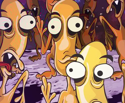 “Group of expressive orange critters with surprised faces in a playful cartoon style - fun character illustration for kids.”