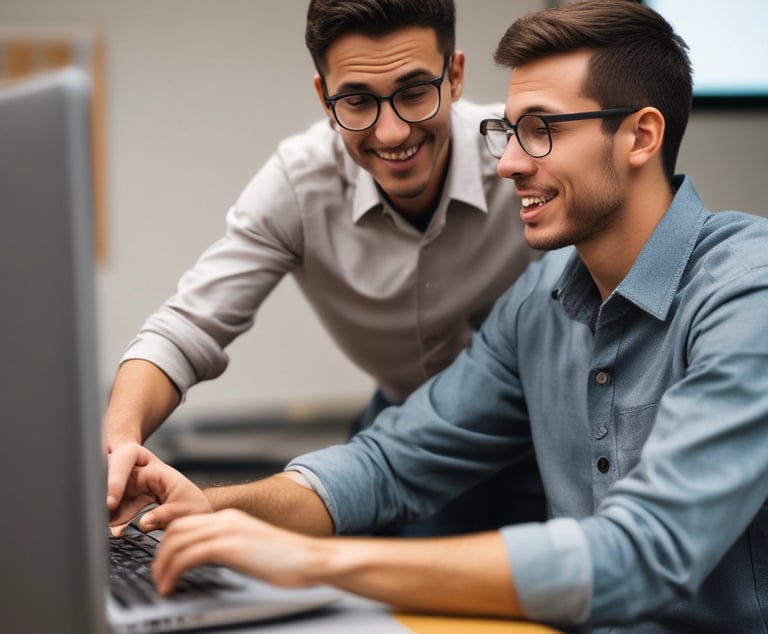 A group of Algerian researchers collaborating over laptops and notes in a bright workspace