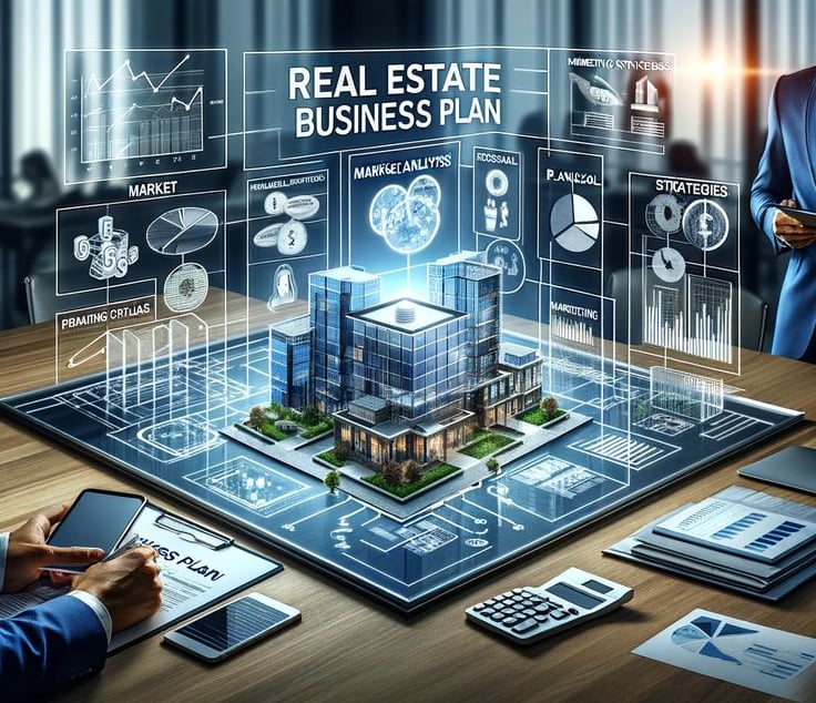 Digital marketing strategy for real estate business showing property analytics, planning dashboards,