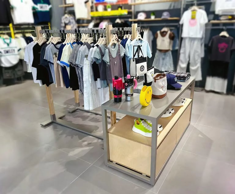 Children's apparel display in a modern retail store featuring t-shirts, sneakers, and trendy accessories.