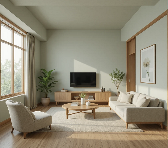 salón japandi con colores neutros y materiales naturales