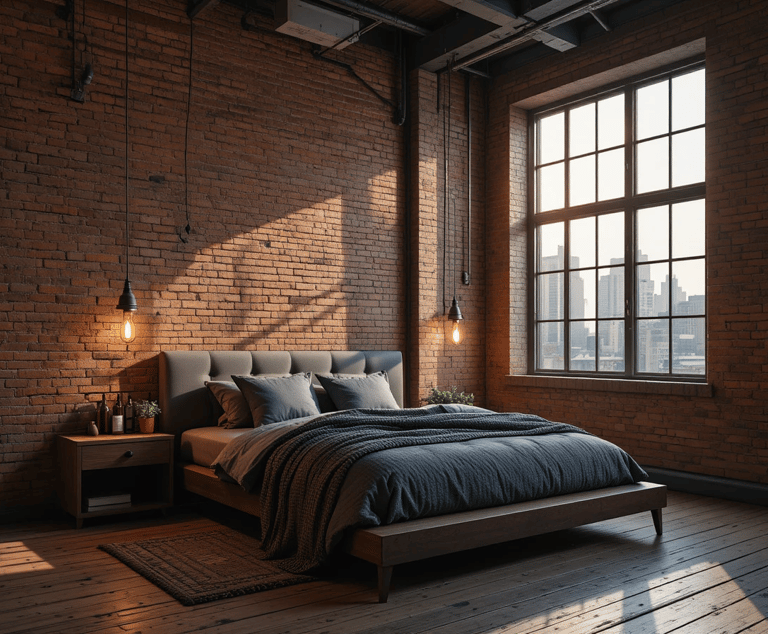 Dormitorio industrial moderno con pared de ladrillo visto rojo, iluminación cálida tipo Edison y cam