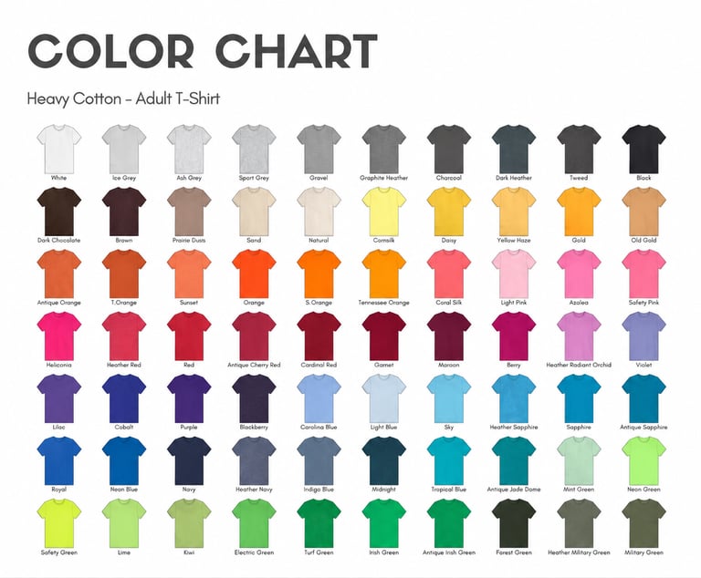 Blank apparel color chart for wholesale T-shirt and apparel orders