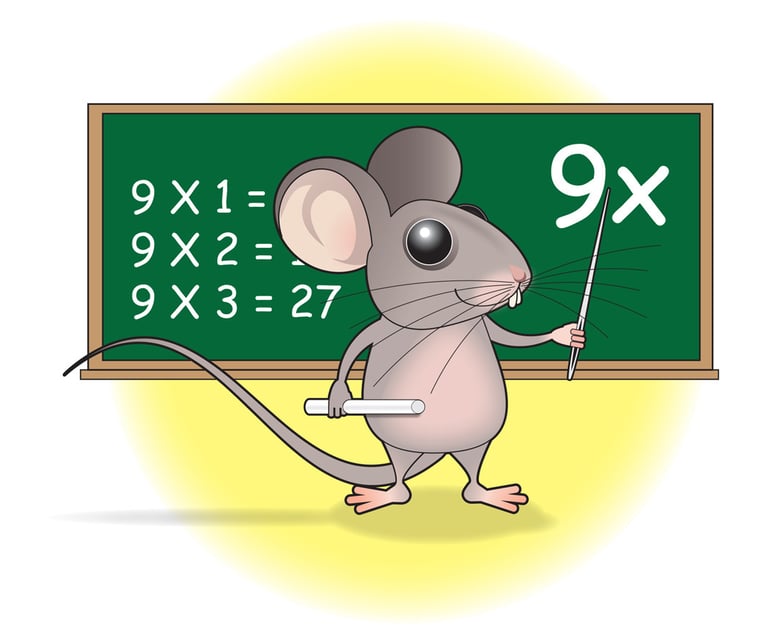 “Cartoon mouse teaching multiplication on a chalkboard - fun educational children’s illustration for 9× Fun.”