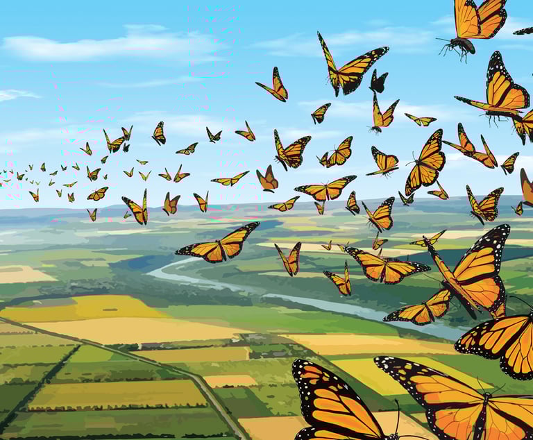 “Scenic landscape filled with monarch butterflies flying over fields — nature-themed children’s illustration.