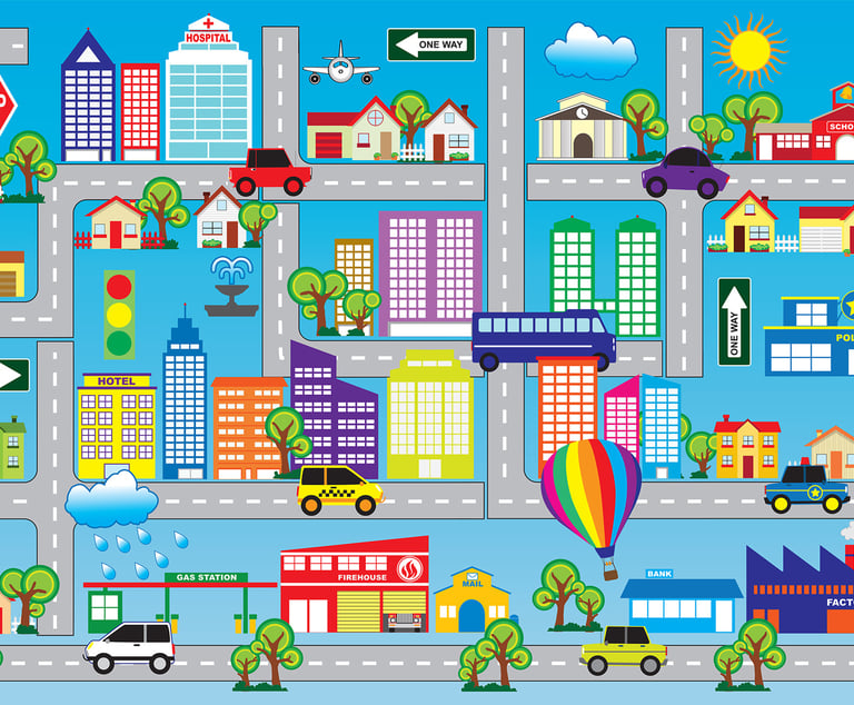 “Colorful illustrated city map with buildings, vehicles, and roads — playful educational artwork for children’s baby mats.”