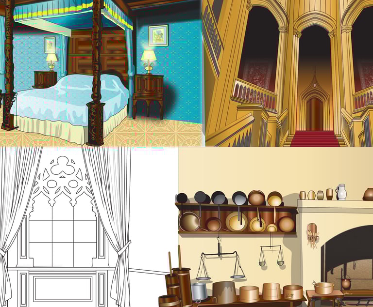 “Illustrated bedroom with a canopy bed, wooden furniture, and blue wallpaper — detailed children’s storybook scene.”