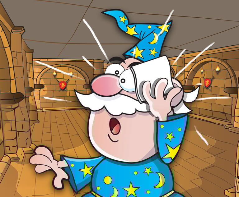 “Surprised wizard in a starry blue robe inside a stone hallway, illustrated in a magical children’s adventure style.”