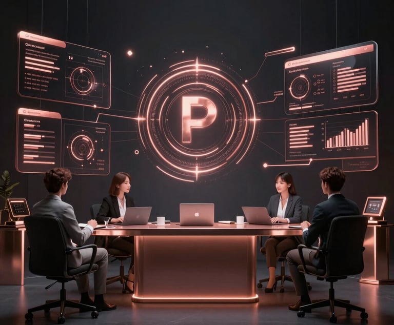 3D render of Diamond Renee in rose-gold and charcoal tones, standing in a high-tech architectural command room.