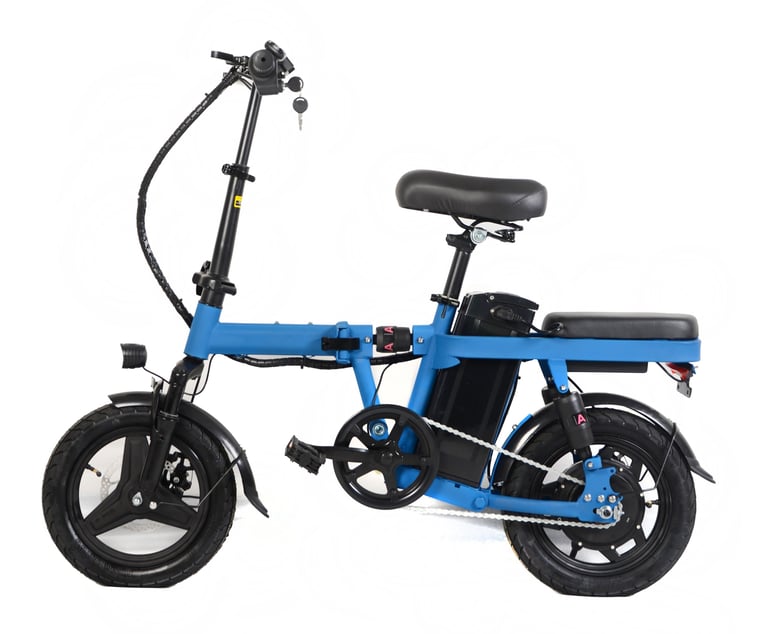 a blue electric bike with a black seat