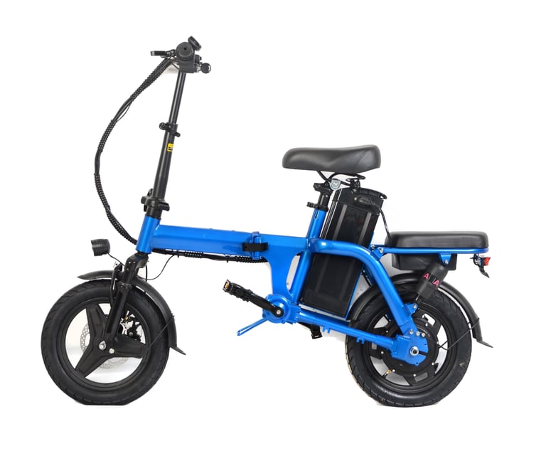 a blue electric bike with a black seat