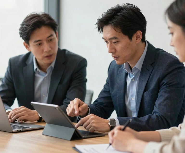 A professional meeting in a London office setting. Two business partners in smart-casual attire are discussing a project over a tablet. Natural light, professional mood.