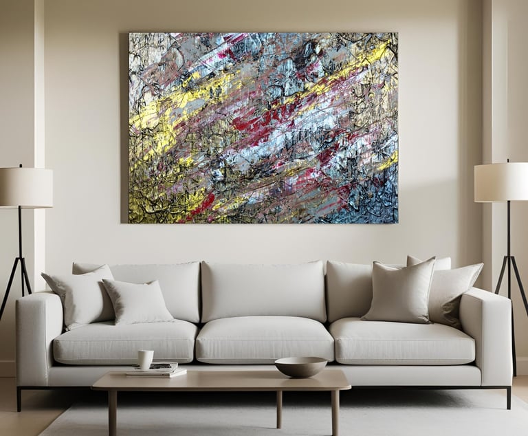 Horizontal abstract canvas above neutral sofa in modern living room, framed by white lamps on both s