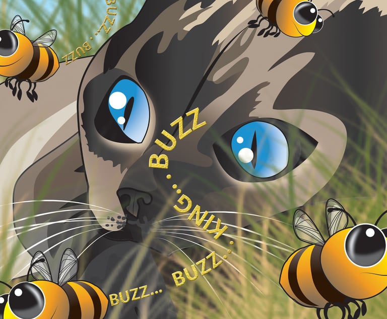 “Cartoon cat lying in the grass surrounded by buzzing bees - whimsical children’s illustration.”