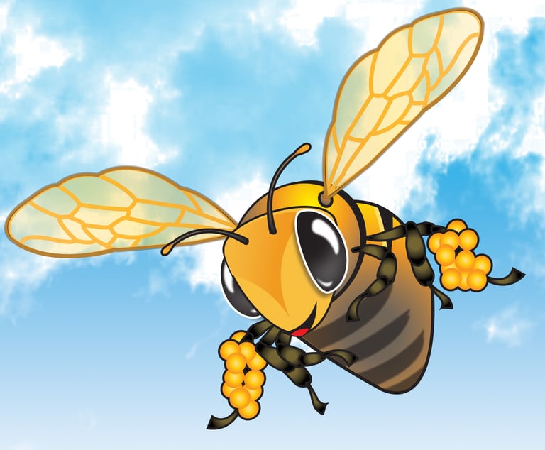 “Cheerful cartoon honeybee flying with flowers against a blue sky — playful children’s illustration for The Honeybee.