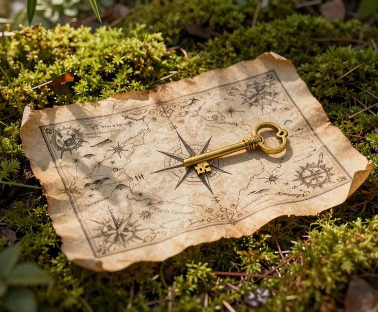 A hand-drawn parchment treasure map lying on a bed of green forest moss, detailed with a compass rose and a gold key, warm sunlight casting soft shadows.