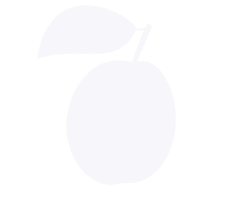 Minimalista fehér szilva gyümölcs sziluett, szárral és levéllel, átlátszó háttérrel.