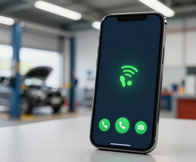 A medium-close shot of a modern smartphone displaying an incoming call, with a subtle signal-green UI overlay indicating AI reception, on a clean desk in a well-lit auto repair shop.