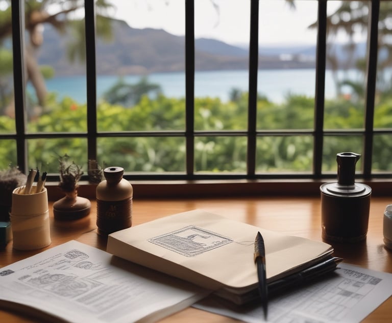 A notary public stamping documents in a cozy office setting on Oahu.