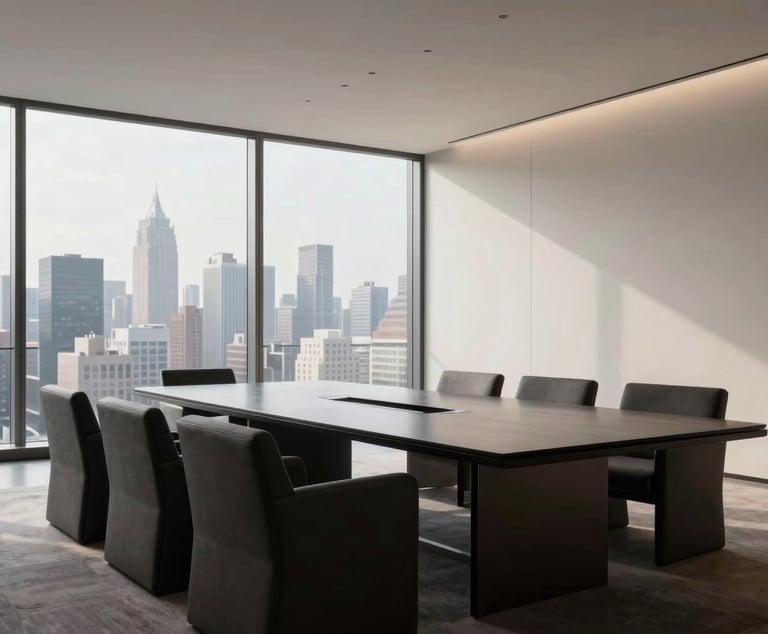 A wide-angle, luxury-style photograph of a minimalist boardroom. Large windows reveal a city skyline in soft lighting. The interior features soft off-white walls, dark charcoal seating, and a polished dark table.