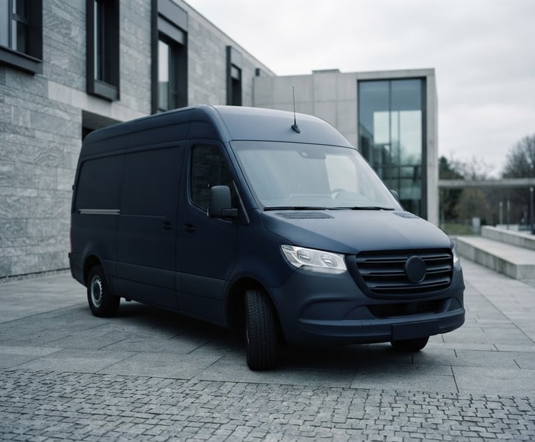 A pristine, unmarked dark transport vehicle parked outside a modern stone facility under soft overcast daylight, cool silver tones, shallow depth of field.