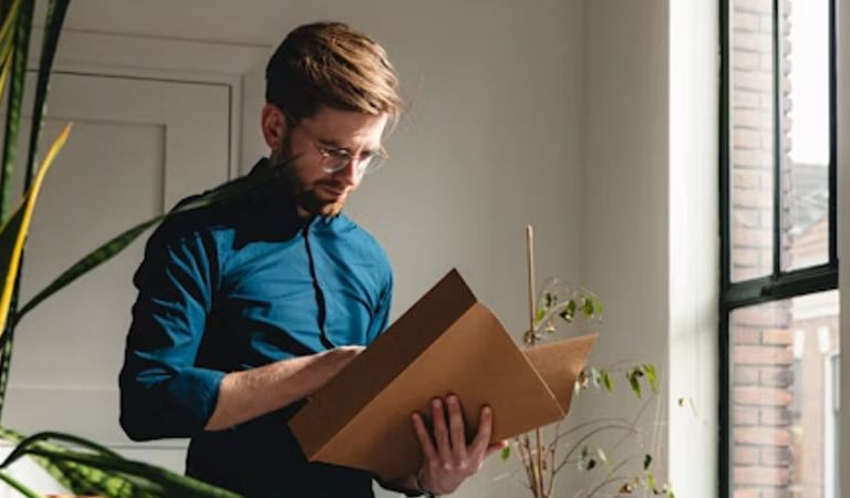 Bookkeeper standing up in a blue shirt looking at a client's folder to analyze their finances. A plant is to their left.
