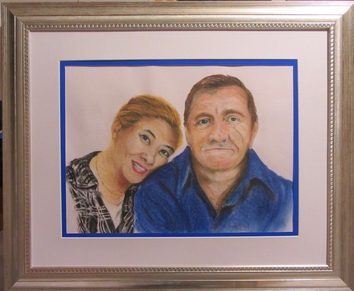 Portrait of a loving engaged couple commissioned by him as Christmas present for his fiancée. Portrait drawn in soft pastel.