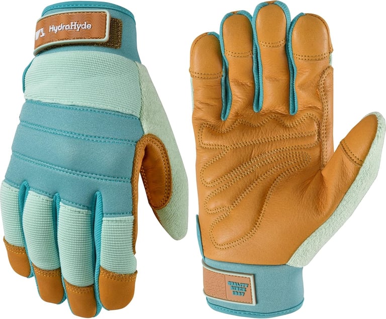 Durable HydraHyde water-resistant leather work gloves for women in teal and tan.