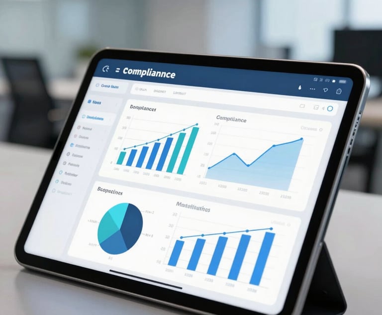 Close up of a tablet displaying a digital compliance dashboard with clear charts, cool daylight with subtle blue ambient tech glow, modern office
