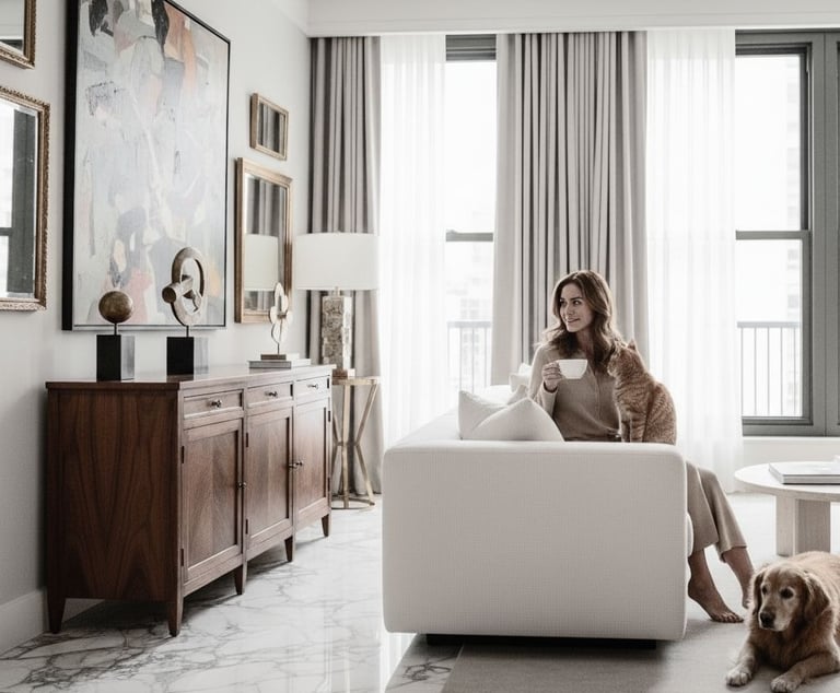 Editor at home with her cat and dog, founder of Fancy Paw Club, an editorial platform featur