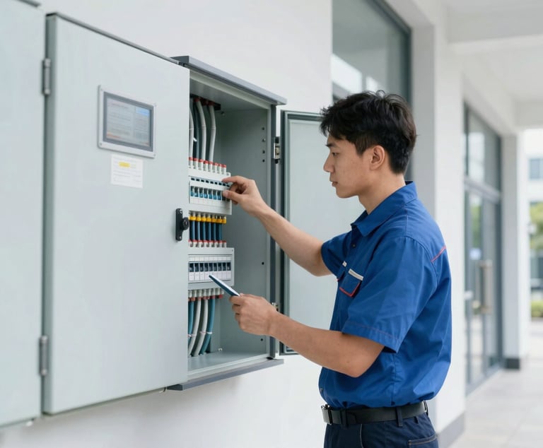 Uniformed maintenance technician checking electrical panel in a modern commercial building, clean natural daylight, crisp cool tones, sharp focus, professional architectural framing.