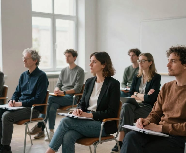 A professional development setting for teachers in Berlin. A group of adults sits in a clean, minimalist seminar room with large windows. They are engaged in a calm, serious discussion with notebooks and tablets. The lighting is soft and natural, reflecting a trustworthy and professional educational environment.