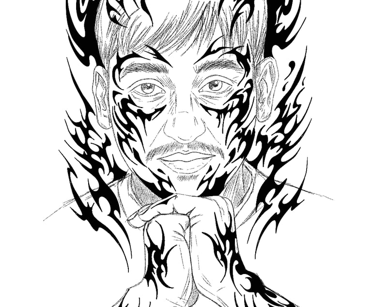 Black and white line art portrait of a man with bold tribal tattoos on his face and hands.