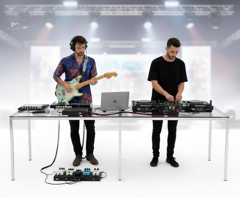 Live set híbrido con guitarra eléctrica, piano y voz para festivales de música electrónica